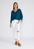 Ruched Sleeve Button Front V Neck Blouse