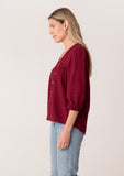 Embroidered 3/4 Sleeve Button Down V Neck Blouse