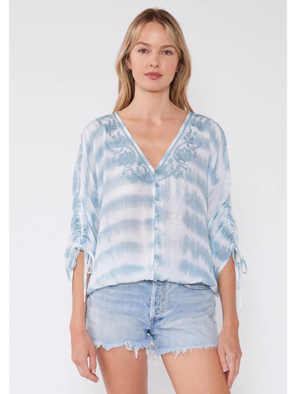 Tie Dye Embroidered Button Front V Neck Blouse