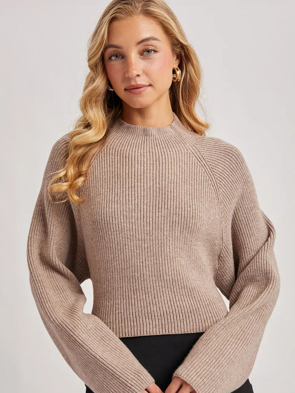 Mock Neck Open Back Ribbed Knit Tie Sweater Top