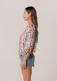 Bohemian Floral Ruched Sleeve Button Down Blouse