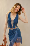 Metal Eyelet Lace Up Fitted Denim Vest - Wild Skyes