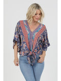 V Neck Tie Waist Kimono Sleeve Blouse