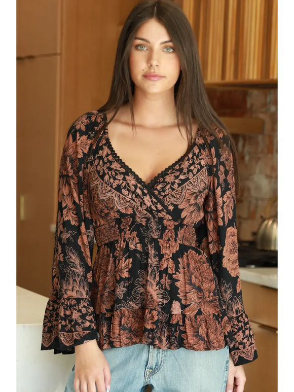 V Neck Flare Bell Sleeve Smocked Waist Blouse