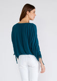 Ruched Sleeve Button Front V Neck Blouse