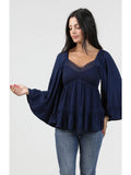 Flare Sleeve Vneck Top with Lace Trim