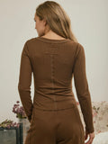 Fitted Long Sleeve Ribbed Henley Knit Top