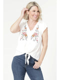 Embroidered Lace Trim Lace Yoke Tie Waist Top