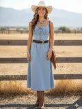 Lace-Up Front Stretch Denim Midi Dress