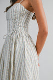 Stripe Floral Print Adjustable Strap Midi Dress