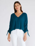 Ruched Sleeve Button Front V Neck Blouse - Wild Skyes