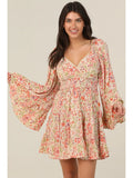 V Neck Bell Sleeve Short Dress with Elastic Waist