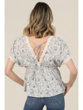 V Neck Floral Print Lace Trim Blouse