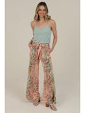 Mix Print Tie Waist Flare Pants