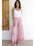 Lace Trim Wide Leg Printed Pants W Smocked Waist - Wild Skyes