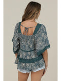 Lace Trim Printed Wide Sleeve Blouse - Wild Skyes