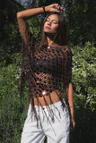 Lunara Sequin Open Crochet Fringe Knit Poncho