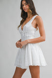 Floral Eyelet Deep V Neckline Scallop Trim Mini Dress - Wild Skyes