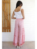 Lace Trim Wide Leg Printed Pants W Smocked Waist - Wild Skyes
