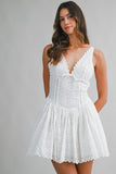 Floral Eyelet Deep V Neckline Scallop Trim Mini Dress - Wild Skyes