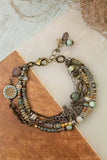 Wisdom Within 7.5-8.5" Turquoise With Antique Brass Etching Flower, Carribean Calcitte, Blue Calcite Multistrand Bracelet - Wild Skyes