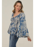 Smocked Bust Wide Flare Bell Sleeve Printed Top - Wild Skyes