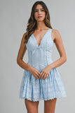 Floral Eyelet Deep V Neckline Scallop Trim Mini Dress - Wild Skyes