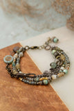 Wisdom Within 7.5-8.5" Turquoise With Antique Brass Etching Flower, Carribean Calcitte, Blue Calcite Multistrand Bracelet - Wild Skyes