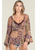 Wide Flare Bell Sleeves Lace Trim Blouse - Wild Skyes