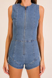 Zip-Front Stretch Denim Romper