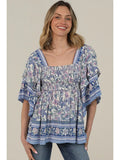 Smocked Bust Ruffle Sleeve Printed Blouse - Wild Skyes