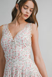 Floral Printed Lace Deep V-neck Trim Midi Dress