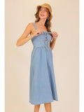 Lace-Up Front Stretch Denim Midi Dress