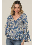Smocked Bust Wide Flare Bell Sleeve Printed Top - Wild Skyes