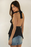 Lovelle Deep V-neck Babydoll Asymmetrical Lace Halter Top - Wild Skyes