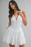 Floral Eyelet Deep V Neckline Scallop Trim Mini Dress - Wild Skyes