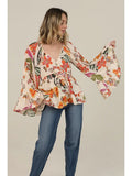 V Neck Wide Bell Sleeve Floral Print Top - Wild Skyes