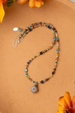 Thrive 17-19" Labradorite Czech Glass, Sunstone Moonstone, Chyrsocolla With Detailed Hill Tribe Silver Puffed Spiral Flower Simple Necklace - Wild Skyes
