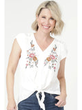 Embroidered Lace Trim Lace Yoke Tie Waist Top