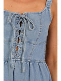 Lace-Up Front Stretch Denim Midi Dress