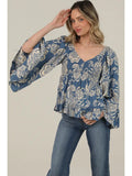 Smocked Bust Wide Flare Bell Sleeve Printed Top - Wild Skyes