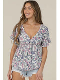 V Neck Twist Front Printed and Embroidered T