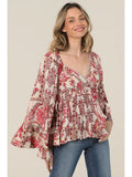 V Neck Wide Bell Sleeve Printed Blouse - Wild Skyes