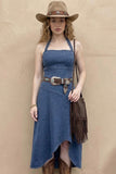 Stretch Denim Halter Midi Dress