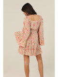 V Neck Bell Sleeve Short Dress with Elastic Waist