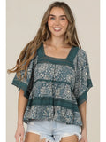 Lace Trim Printed Wide Sleeve Blouse - Wild Skyes