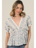 V Neck Floral Print Lace Trim Blouse