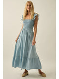 Tencel Denim Smocked Tiered Ruffle Midi Dress