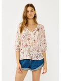 3/4 Split Neck Lace Trim Crinkle Blouse