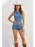 Zip-Front Stretch Denim Romper
